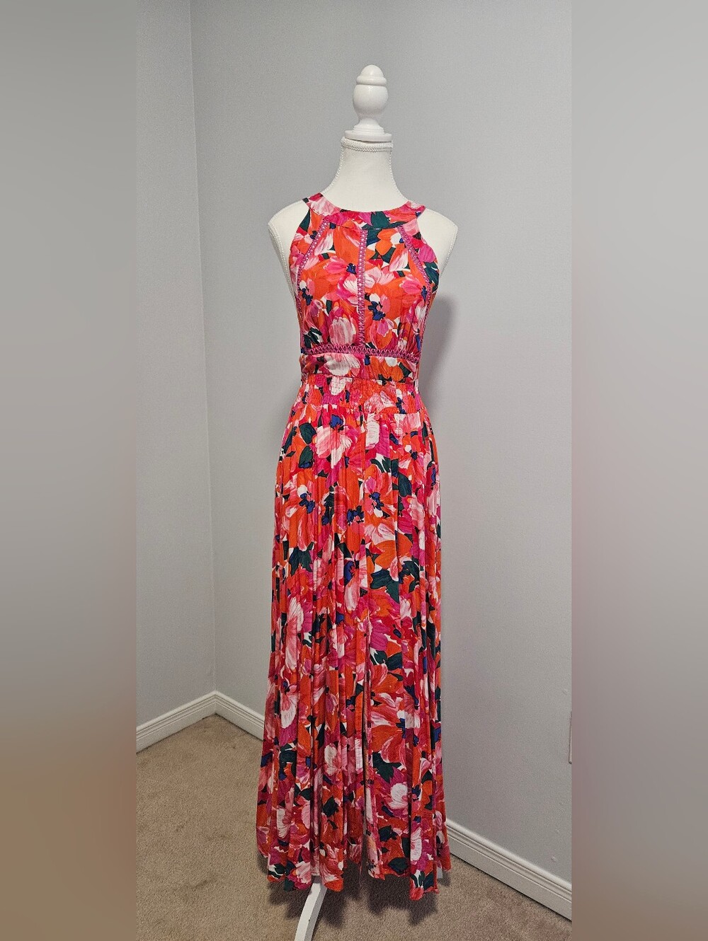 Sleeveless Floral Maxi Dress in Vibrant Coral Pink